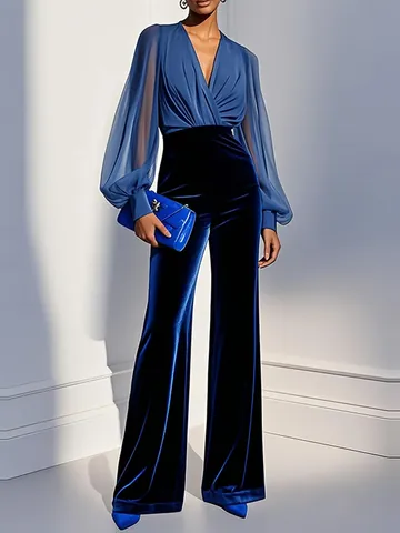 Elegant Women V Neck Lantern Sleeve Chiffon Patchwork Velvet Wide Leg Jumpsuit High Waist Slim Office Party Romper For Lady