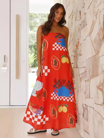Women Strapless Printed Maxi Dress A-Line Long Beach Dress Floral Tropical Print Summer Holiday Party Evening Polyester