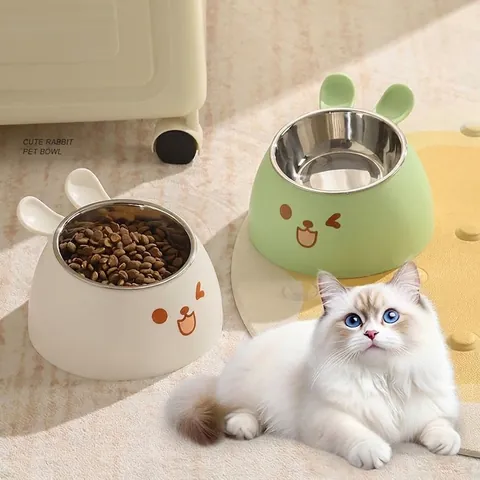 Süße Hasenohren Pet Schüssel Edelstahl Geneigt Nackenschutz Erhöhte Katze Hund Futter Wassernapf Antirutsch Futternapf