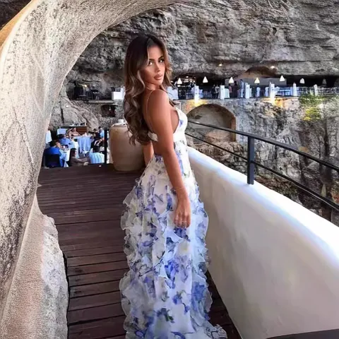 Women's Elegant Floral Print Chiffon Maxi Dress Backless V Neck Sleeveless Ruffle Tiered Evening Party Vacation Gown