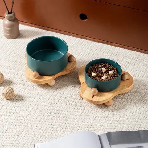 Ciotola per Animali in Ceramica Opaca Nordica con Supporto in Rovere a Sfere Rialzato Protezione del Collo Anti-Ribaltamento per Gatti Cani