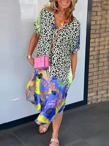 Women Fashion V Neck Printed Loose Maxi Dress Short Sleeve Leopard Tropical Plant Pattern Summer Vacation Casual Dress For Women