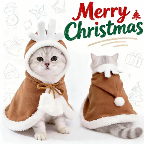 Pet Reindeer Christmas Cloak Soft Polyester Plush Cape With Antlers For Dogs Cats Holiday Party Cosplay Dress Up Costume