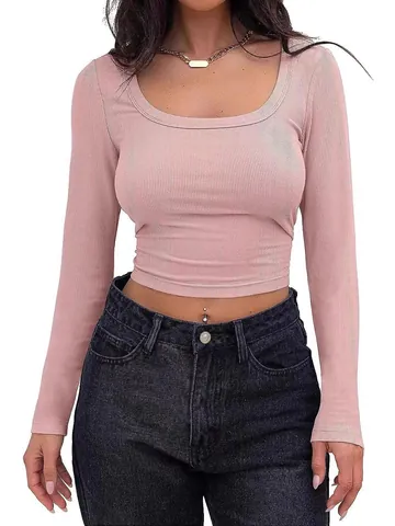 Maglietta a Costine da Donna Slim Fit a Maniche Lunghe Scollo Quadrato Crop Top Casual T-shirt in Maglia Basic Tinta Unita