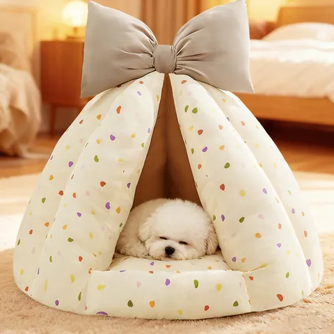 Half Gesloten Winterwarm Huisdier Bed Strikontwerp Zacht Honden Katten Nest Hart Beer Patroon PP Katoen Gevoerd