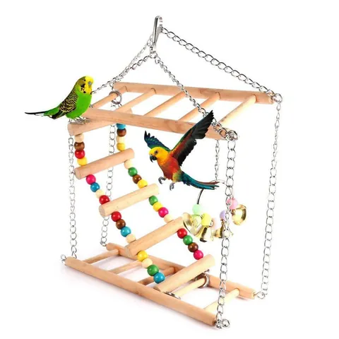 Natürliches Holz Papagei Kletterleiter Doppelschicht Schaukel Spielzeug Mit Bunten Perlen Und Glocke Für Kleine Mittelgroße Papageien Vogelkäfig Zubehör