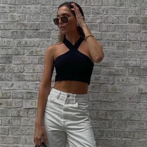 Women Sexy Criss Cross Halter Neck Knit Crop Top Ribbed Sleeveless Backless Tank Top Slim Fit Cami Vest Party Streetwear