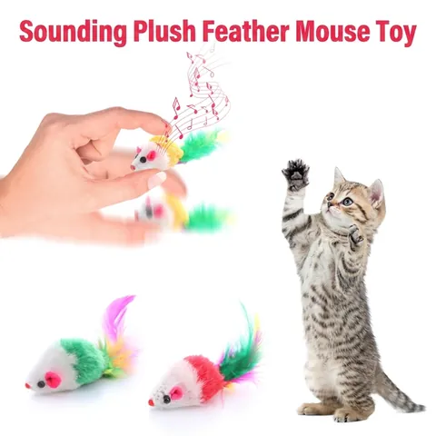 Interactive Plush Cat Toy Mouse Shape With Colorful Feathers Rattle Sound Squeaky Pet Boredom Relief Toy For Indoor Cats Playing