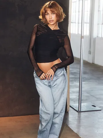 Women Sexy V Neck Ruched Mesh T-Shirt Long Sleeve Sheer Transparent Top American Vintage Slim Fit Ruched Mesh Tee Clothing