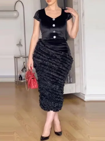 Elegant Women Black V Neck Short Sleeve Midi Dress Sexy Ruffled Bodycon Party Celebrity Evening Dress Summer Clothing
