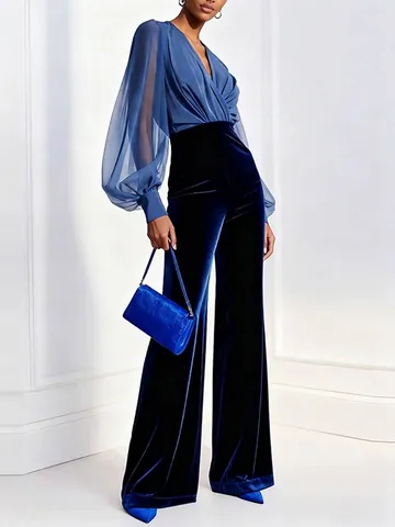 Elegant Women V Neck Lantern Sleeve Chiffon Patchwork Velvet Wide Leg Jumpsuit High Waist Slim Office Party Romper For Lady