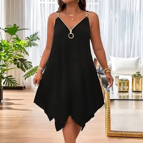 Women Plus Size Elegant Sexy V Neck Zipper Solid Color Chain Strap Sleeveless Asymmetric Hem Midi Dress Summer Fashion Clubwear