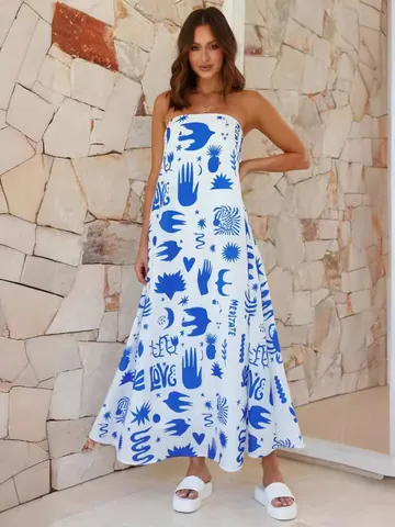 Women Strapless Printed Maxi Dress A-Line Long Beach Dress Floral Tropical Print Summer Holiday Party Evening Polyester
