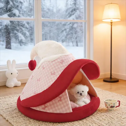 Letto a Tenda per Animali Domestici Semichiuso per Piccoli Cani Gatti Forma Cappello Magico Stile Albero di Natale Caldo Plaid Pile Cuccia per Cuccioli Con Cuscino