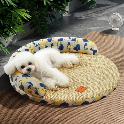 Sommer Kühlende Haustiermatte Atmungsaktive Rattan Eisseide Runde Hundebett Waschbare Katzen Schlafunterlage Kissen Mit Gepolstertem Rand