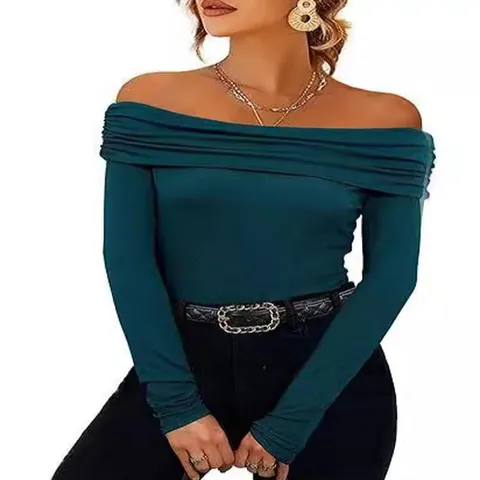 Maglietta da Donna Elegante con Spalle Scoperte Vestibilità Aderente Manica Lunga Poliestere Tinta Unita Top Casual