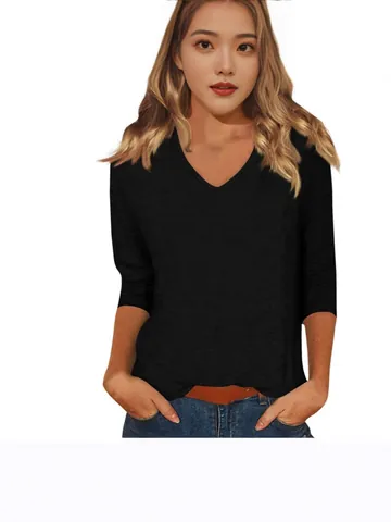 Women Casual V Neck Solid Color 3/4 Sleeve T-Shirt Loose Fit Mid Length Cotton Blend Knitted Basic Top Everyday Tee