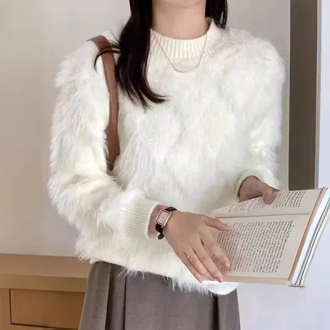 Women's Loose Imitation Mink Velvet Pullover Sweater Thick Plush Patchwork Soft Round Neck Knitwear Long Sleeve Top
