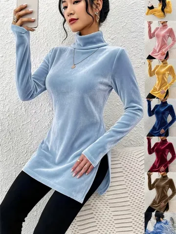 Women Elegant Velvet High Neck Pullover Long Sleeve Side Slit Slim Fit Bottoming Top Solid Color Comfortable Office Lady Apparel