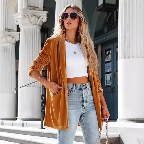 Women Casual Golden Velvet Lapel Coat Loose Mid-Length Long Sleeve Outerwear Spring Autumn Single Button Jacket