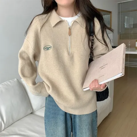 Maglione in Maglia Larga da Donna con Mezza Zip Collo Polo e Ricamo a Lettera Pullover a Maniche Lunghe Vintage Casual