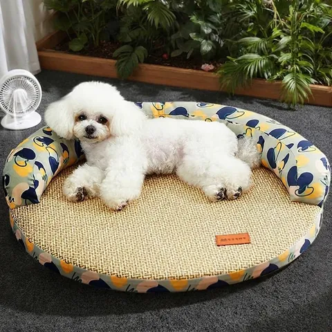 Sommer Kühlende Haustiermatte Atmungsaktive Rattan Eisseide Runde Hundebett Waschbare Katzen Schlafunterlage Kissen Mit Gepolstertem Rand