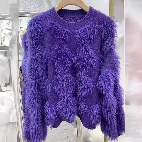Women's Loose Imitation Mink Velvet Pullover Sweater Thick Plush Patchwork Soft Round Neck Knitwear Long Sleeve Top