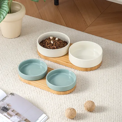 Ciotola per Animali in Ceramica Con Supporto in Bambù Tinta Unita Minimalista Anti Ribaltamento Ciotola per Gatti Cani Piccoli