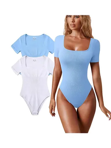 Women's Summer Ribbed Yoga Bodysuit Short Sleeve Square Neck Slim Fit Exercise Athletic Jumpsuit Solid Color Polyester Sportswear