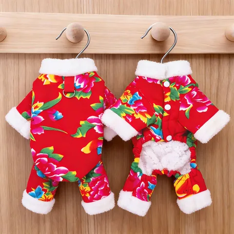 Festive Northeast Floral Pet Jumpsuit Winter Fleece Lined Dog Jumpsuit With Metal D-Ring Plush Trim For Dogs Cats New Year