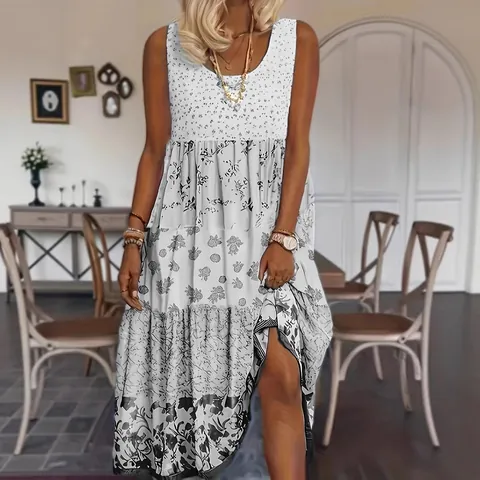 Women Round Neck Sleeveless Floral Print Maxi Dress Sweet Bohemian Tiered Layered Splicing Summer Holiday Sun Dress