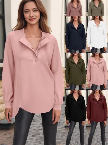 Dames Henley Hals Knoop Lange Mouw Sweatshirt Casual Effen Kleur Ronde Hals Losse Pullover Raglanmouw Top