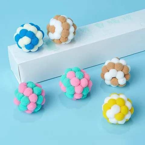 Interactive Cat Toy Ball Plush Bouncy Ball with Built-in Bell Colorful Pom Pom Ball for Kitten Indoor Exercise Pet Toy