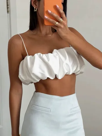 Women Sexy Satin Ruched Crop Top Summer spaghetti Strap Sleeveless Camisole Slim Fit Solid Color Party Clubwear Top
