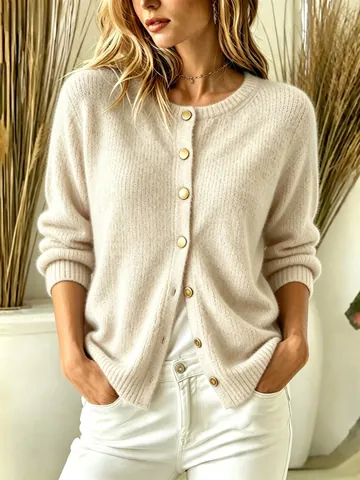 Women's Elegant Polyester Knit Cardigan Sweater Solid Color Round Neck Long Sleeve Gold Button Knitted Top For Autumn Winter