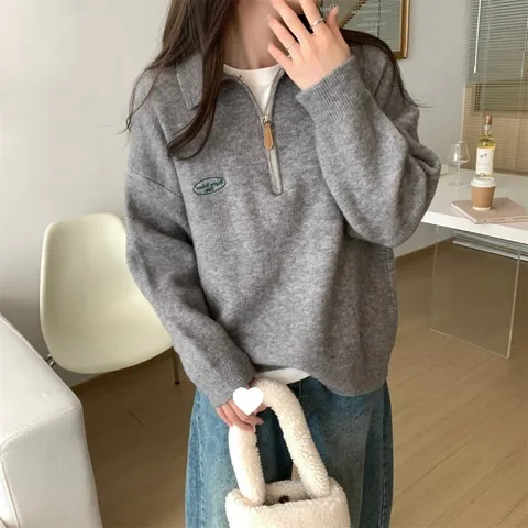 Maglione in Maglia Larga da Donna con Mezza Zip Collo Polo e Ricamo a Lettera Pullover a Maniche Lunghe Vintage Casual