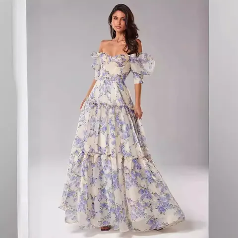 Elegant Women Off-Shoulder Organza Floral Maxi Dress Retro Puff Sleeve Tiered Cake Skirt Ethereal Evening Gown Party Formal Prom Dress