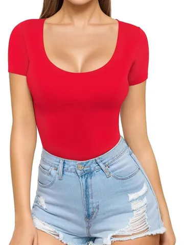 Women Slim Fit Scoop Neck Short Sleeve T-Shirt Solid Color Sexy Waist Top Soft Polyester Basic Summer Tee For Everyday Sport