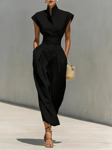 Women Elegant High Neck Sleeveless Maxi Dress Solid Color High Waist A-Line Long Dress For Summer Office Banquet Party