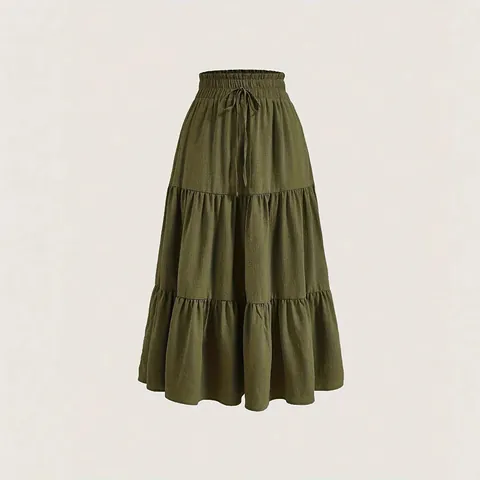 Plus Size Tiered Maxi Skirt For Women Polyester High Waist Elastic Drawstring Flared Long Bottom Casual Party A-Line Skirt