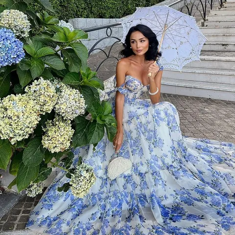 Elegant Women's Off-Shoulder Organza Maxi Dress Floral Print A-Line Sleeveless Party Evening Prom Dress With Straps
