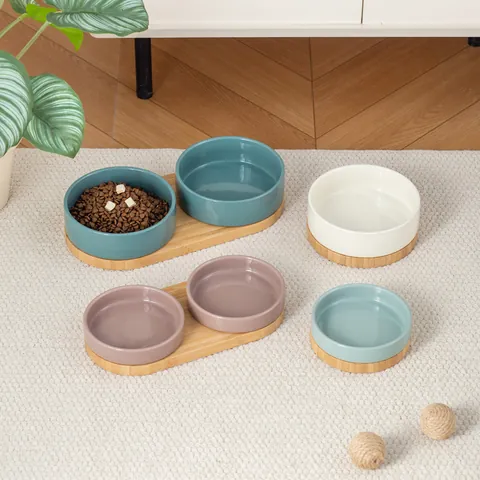 Ciotola per Animali in Ceramica Con Supporto in Bambù Tinta Unita Minimalista Anti Ribaltamento Ciotola per Gatti Cani Piccoli
