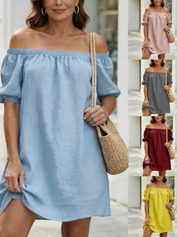 Damen Sommer Schulterfrei Baumwolle Leinen Mini Kleid Lässig Locker Puffärmel Einfarbig Urlaub Strand Sonnenkleid