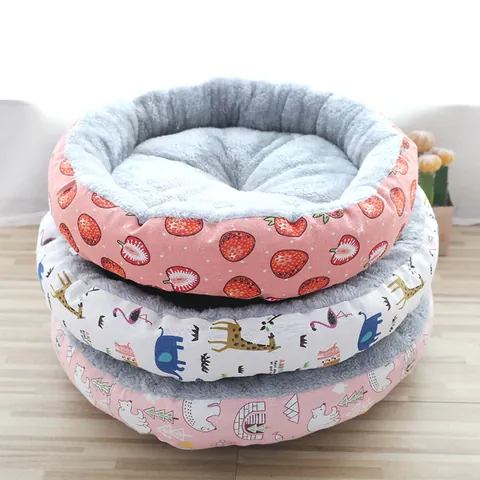Rond Huisdier Bed Voor Katten En Honden Zacht Fleece Linnen Canvas Warm Gezellig Cartoon Print Winter Slaapnest Kleine Huisdieren