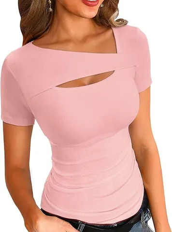 Women Slim Fit Short Sleeve Ribbed T-Shirt Irregular Cutout Neckline Spliced Pullover Top Sexy Streetwear Tee