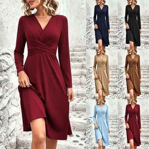 Women V Neck Long Sleeve Midi Dress Crossover Pleated Waist Elegant Solid Color A Line Office Commute Party Dress