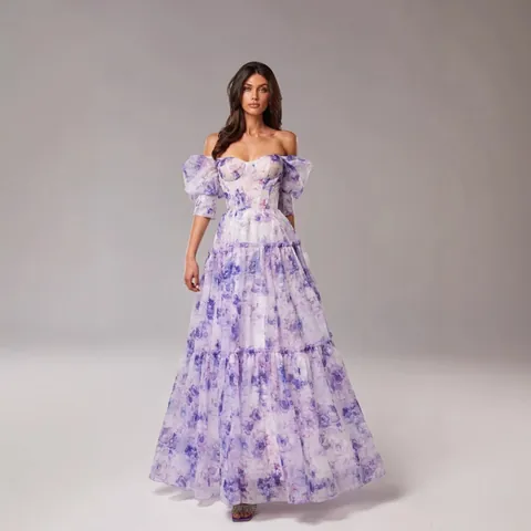 Elegant Women Off-Shoulder Organza Floral Maxi Dress Retro Puff Sleeve Tiered Cake Skirt Ethereal Evening Gown Party Formal Prom Dress