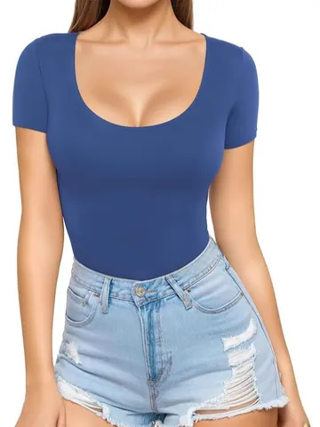 Women Slim Fit Scoop Neck Short Sleeve T-Shirt Solid Color Sexy Waist Top Soft Polyester Basic Summer Tee For Everyday Sport