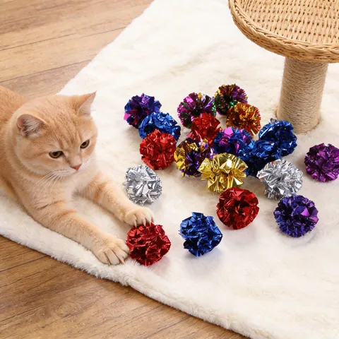 Pelotas de Papel Arrugado Coloridas para Gatos Juguetes de Anillo de Mylar para Gatitos Juego de Sonido Interactivo Pelota Sonajero Plástico Metálico Juguete Arrugado Accesorios para Mascotas Pequeñas
