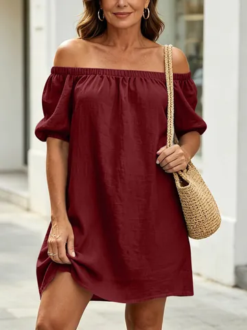 Damen Sommer Schulterfrei Baumwolle Leinen Mini Kleid Lässig Locker Puffärmel Einfarbig Urlaub Strand Sonnenkleid